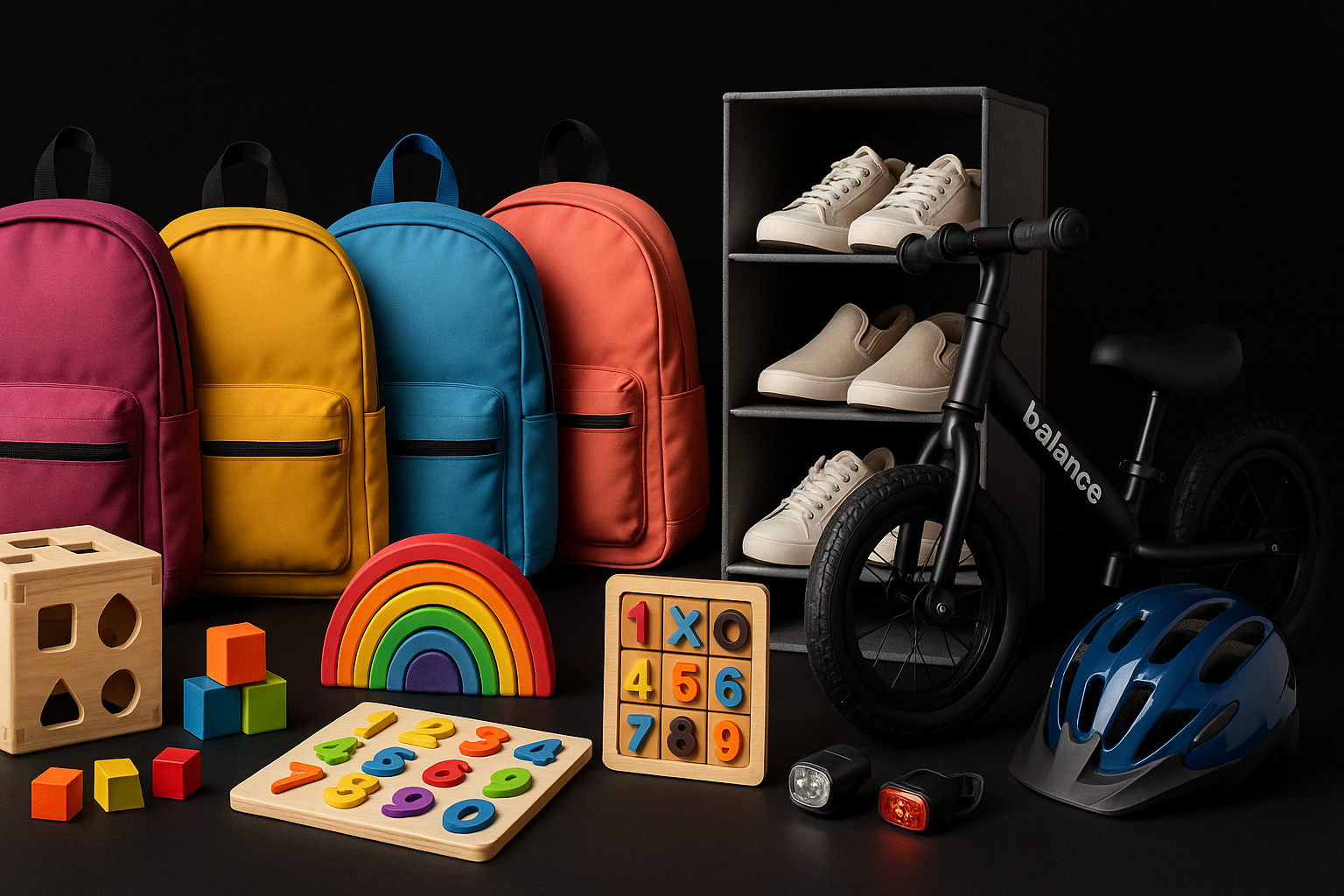OTRA IMAGEN QUE NO PAREZCA TAN FALSA, VENTA DE PRODUCTOS ONLINE COMO MOCHILAS, JUGUETES, JUEGOS DIDACTICOS, ORGANIZADORES DE ZAPATOS, BICICLETA SIN PEDA, ACCESORIOS PARA BICI... CON FONDO NEGRO PARA QUE COMBINE